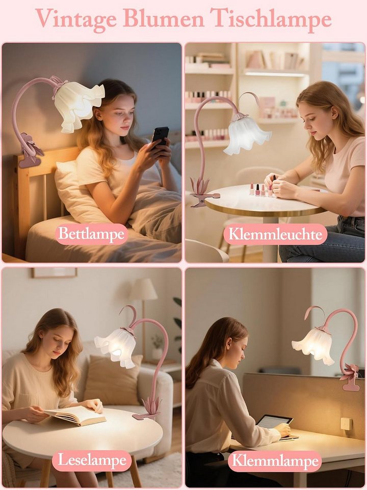 FELIXLEO LED Schreibtischlampe LED Leselampe mit Clip, rosa Blume, USB, Klemmlampe