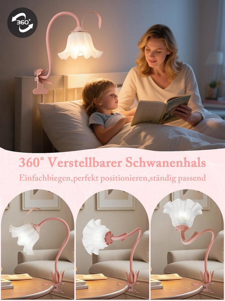 FELIXLEO LED Schreibtischlampe LED Leselampe mit Clip, rosa Blume, USB, Klemmlampe Bild 3