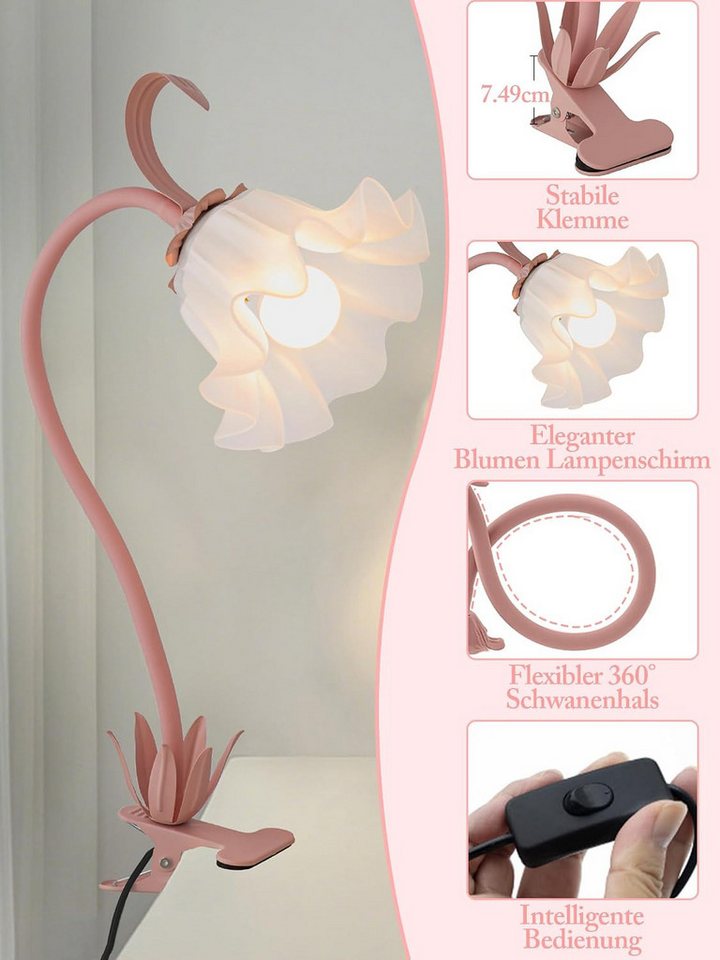 FELIXLEO LED Schreibtischlampe LED Leselampe mit Clip, rosa Blume, USB, Klemmlampe Bild 4