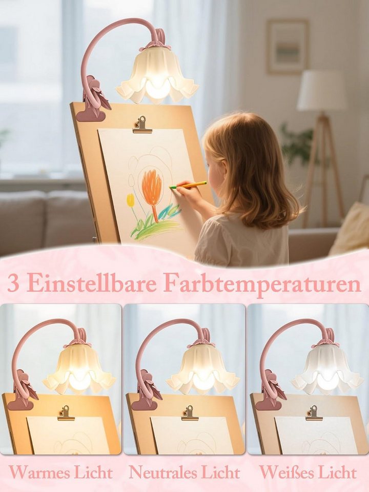 FELIXLEO LED Schreibtischlampe LED Leselampe mit Clip, rosa Blume, USB, Klemmlampe Bild 5