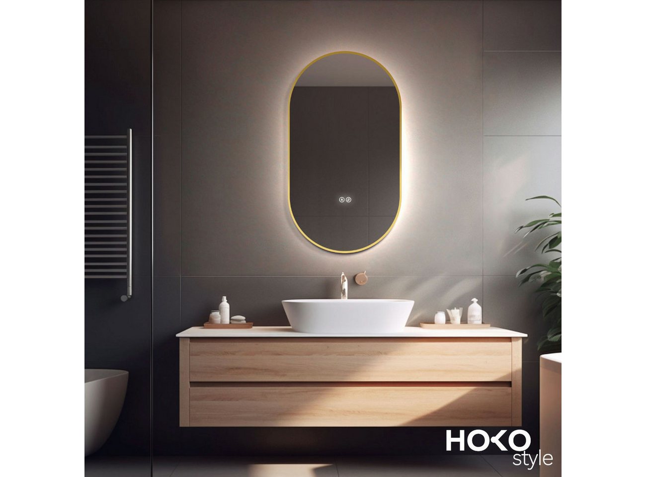 HOKO Badspiegel oval mit Anti-Beschlag, Memory Metallrahmen in Schwarz, Gold oder Weiß (Badspiegel Oval 75x45 cm Goldrahmen, mit Anti-Beschlag, Touch-Schalter und Lichtfarbe von 2700 bis 6500 K), Goldrahmen, hochkant/quer, für Bad und Schminktisch, IP44, Cremona