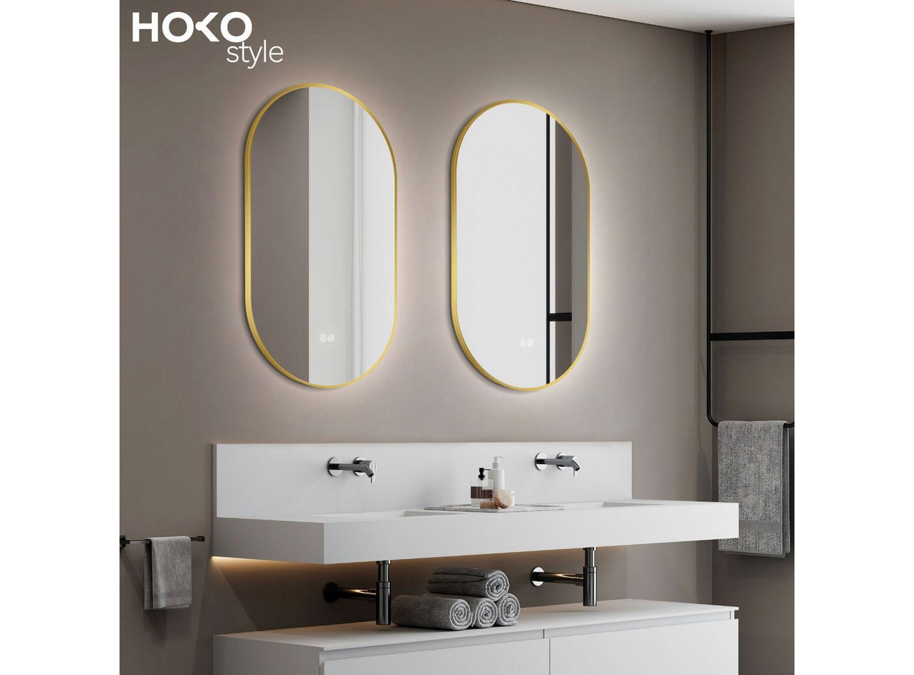 HOKO Badspiegel oval mit Anti-Beschlag, Memory Metallrahmen in Schwarz, Gold oder Weiß (Badspiegel Oval 75x45 cm Goldrahmen, mit Anti-Beschlag, Touch-Schalter und Lichtfarbe von 2700 bis 6500 K), Goldrahmen, hochkant/quer, für Bad und Schminktisch, IP44, Cremona Bild 5