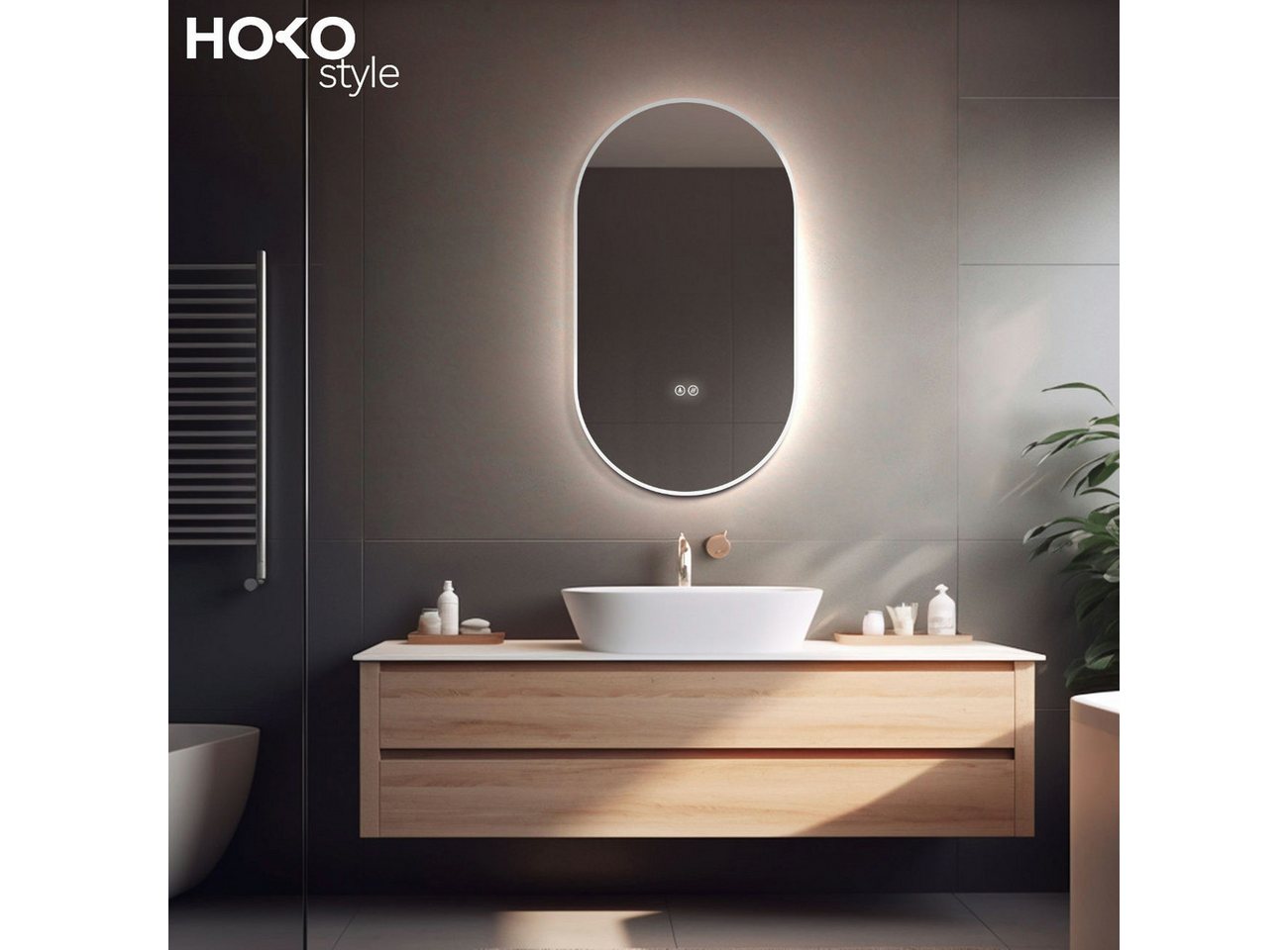 HOKO Badspiegel oval mit Anti-Beschlag, Memory Metallrahmen in Schwarz, Gold oder Weiß (Ovaler Badspiegel 45x75 cm, mit Anti-Beschlag, Touch-Schalter und Lichtfarbe von 2700 bis 6500 K), hochkant oder quer für Bad, Gäste-WC und Schminktisch, IP44, Casoria Bild 2