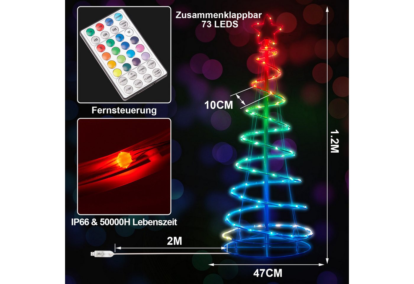 LMaxhome LED Baum Metall Spirale Weihnachtsbaum RGBW Licht Deko mit 8Funktions,Timer,USB, Fernsteuerung Außen Beleuchtet Lichterkette Garten Deko 1.2M/1.5M/1.8M Bild 2
