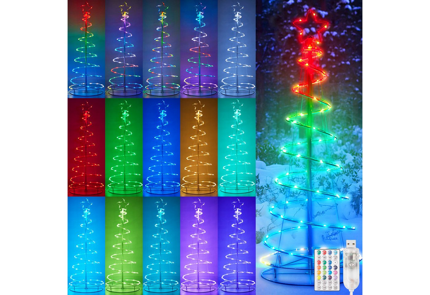 LMaxhome LED Baum Metall Spirale Weihnachtsbaum RGBW Licht Deko mit 8Funktions,Timer,USB, Fernsteuerung Außen Beleuchtet Lichterkette Garten Deko 1.2M/1.5M/1.8M Bild 5