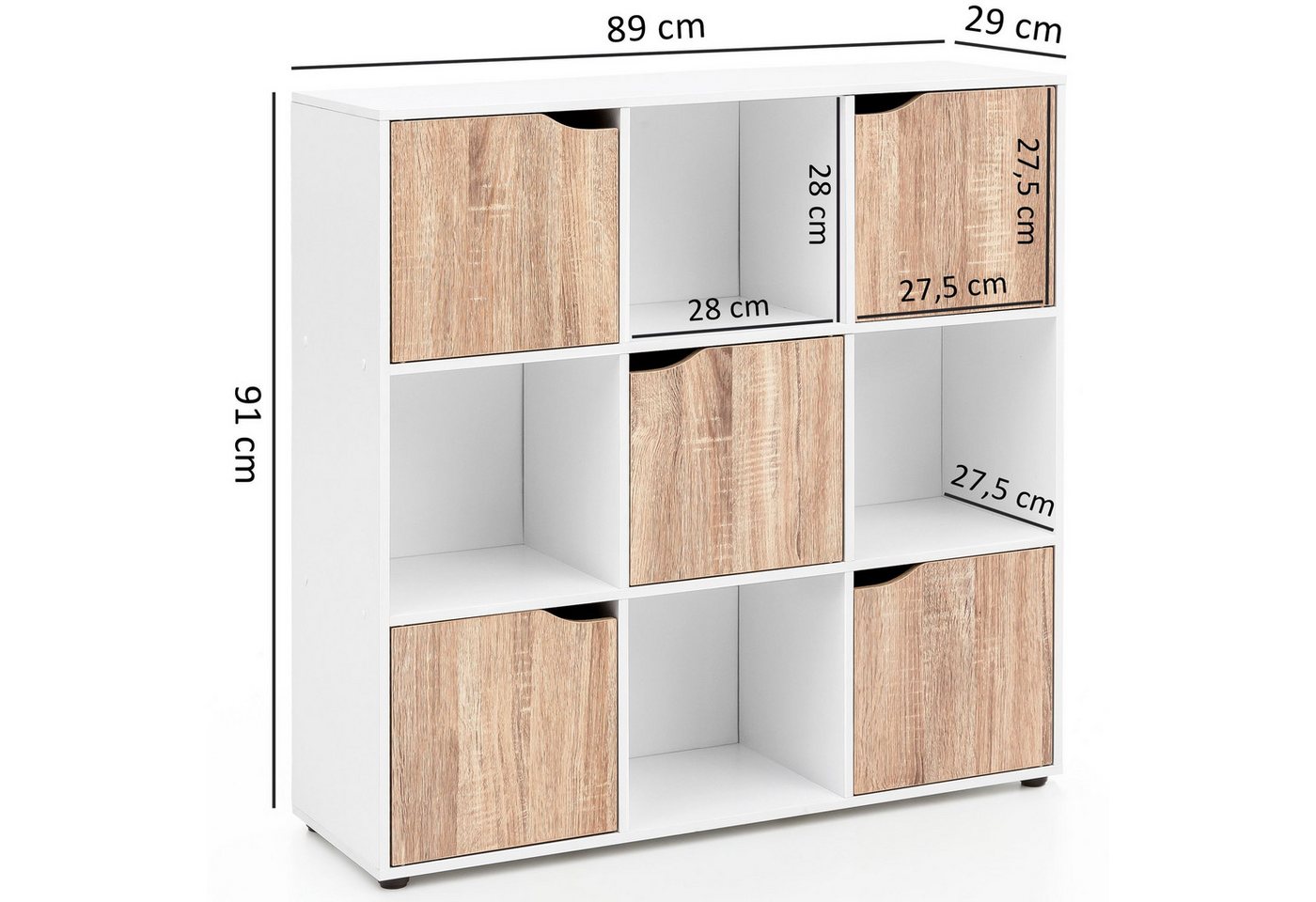 furnicato Standregal Standschrank 89x91x29 cm Weiß Sonoma, 1-tlg., Stauraum-Regal mit 5 Türfächern und 4 offenen Ablageflächen