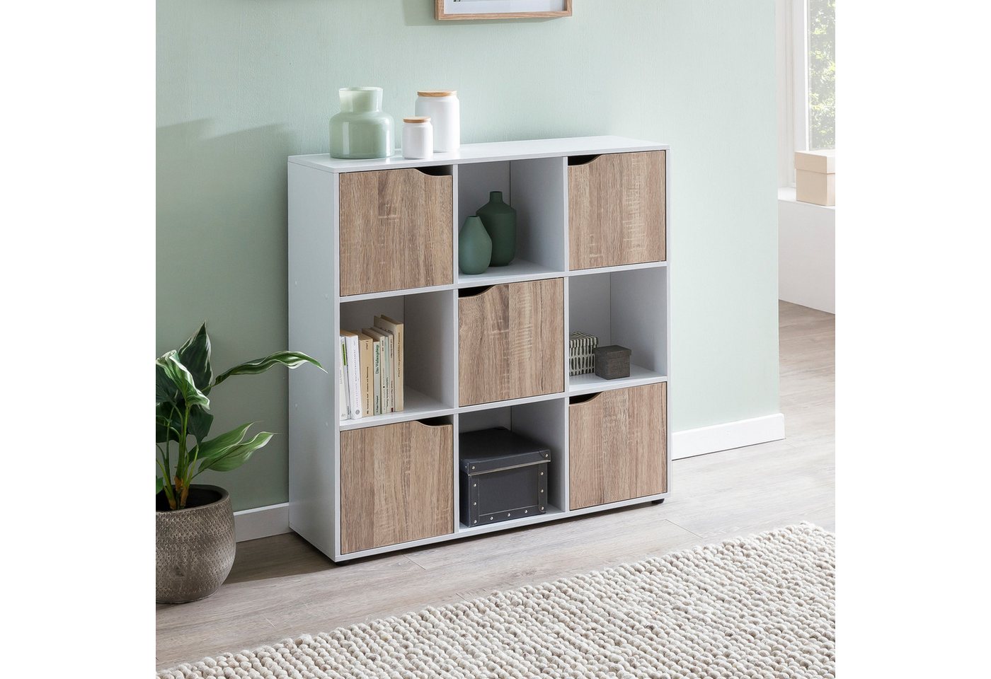 furnicato Standregal Standschrank 89x91x29 cm Weiß Sonoma, 1-tlg., Stauraum-Regal mit 5 Türfächern und 4 offenen Ablageflächen Bild 2
