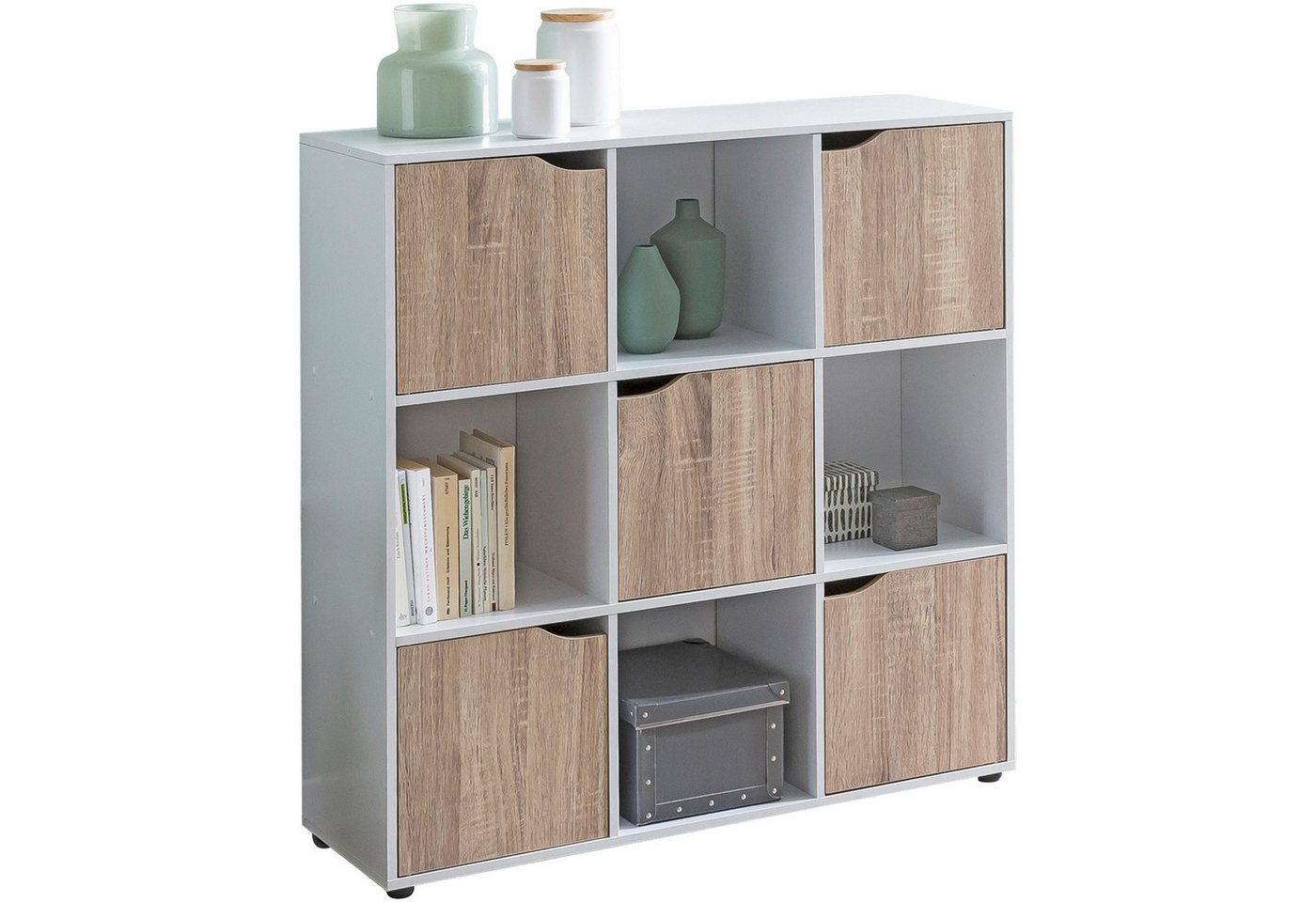 furnicato Standregal Standschrank 89x91x29 cm Weiß Sonoma, 1-tlg., Stauraum-Regal mit 5 Türfächern und 4 offenen Ablageflächen Bild 3
