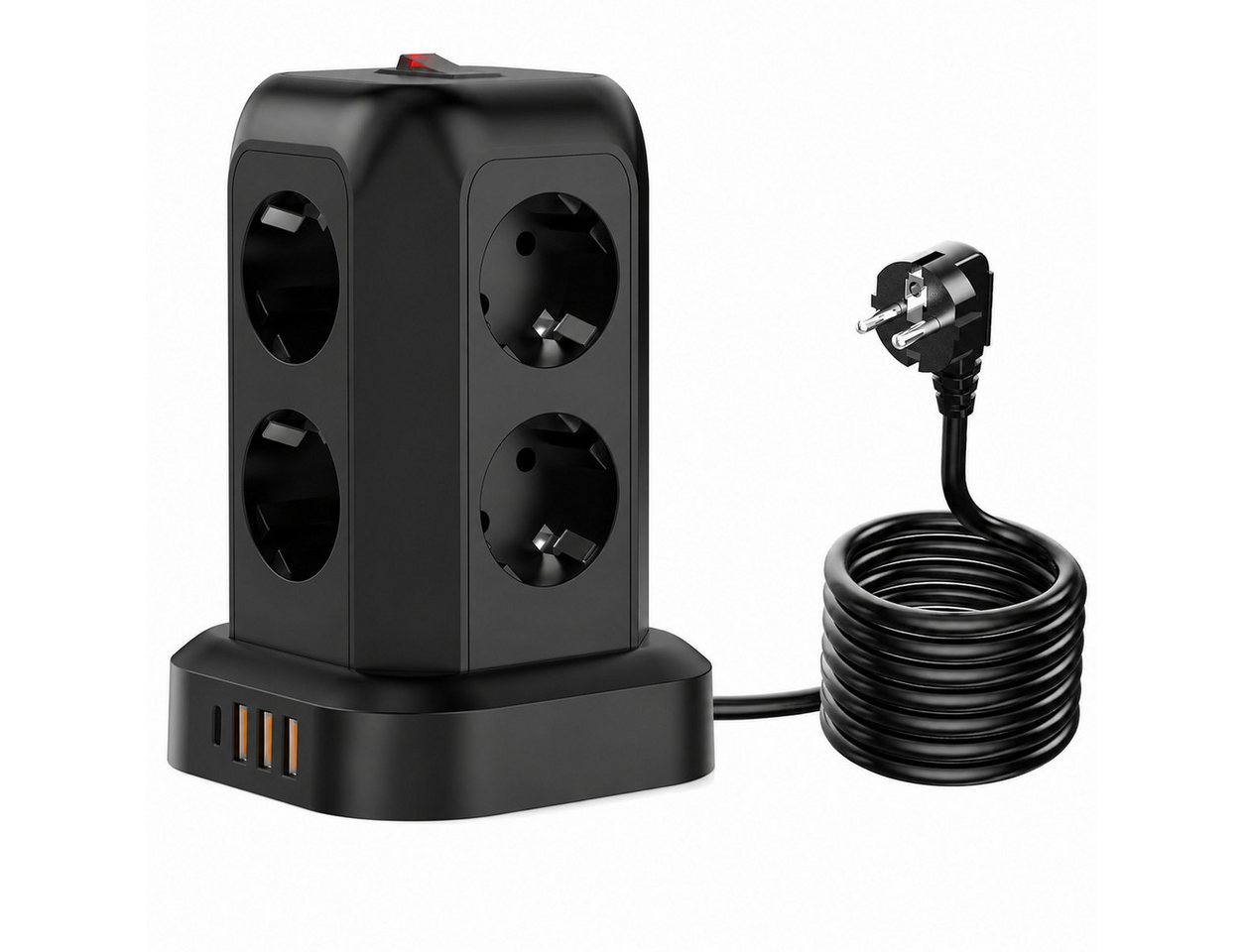 Fyrove 12-in-1 mit Schalter, 8-fach Steckdosenleiste mit 4 USB Anschlüssen Steckdosenleiste 8-fach (3×USB-A, 1×USB-C, 8× Steckdosen, 2500W, Überlastschutz, Überhitzungsschutz, Kabellänge 1,8 m), für Büro und Zuhause, (3 USB-A + USB-C)