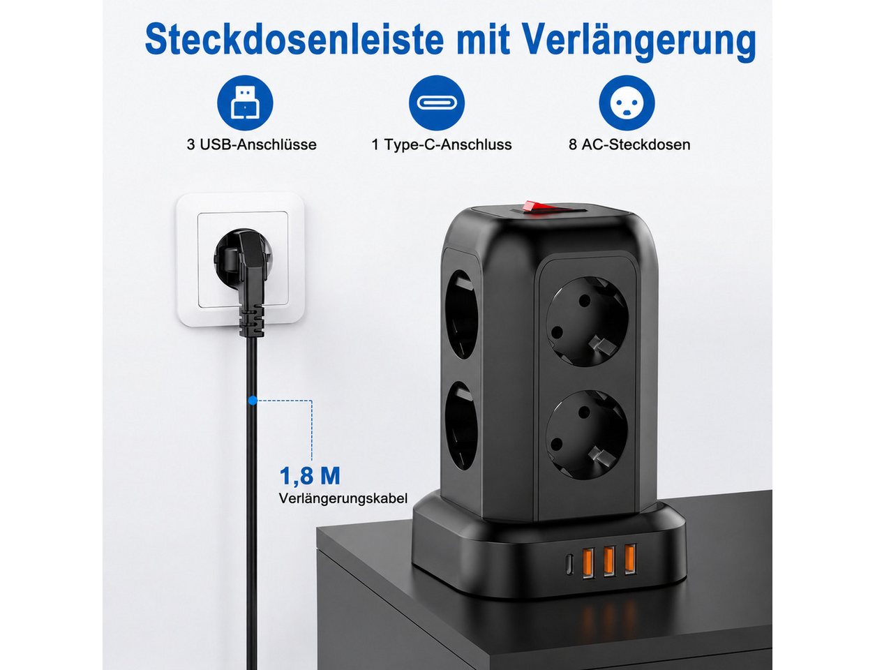 Fyrove 12-in-1 mit Schalter, 8-fach Steckdosenleiste mit 4 USB Anschlüssen Steckdosenleiste 8-fach (3×USB-A, 1×USB-C, 8× Steckdosen, 2500W, Überlastschutz, Überhitzungsschutz, Kabellänge 1,8 m), für Büro und Zuhause, (3 USB-A + USB-C) Bild 2