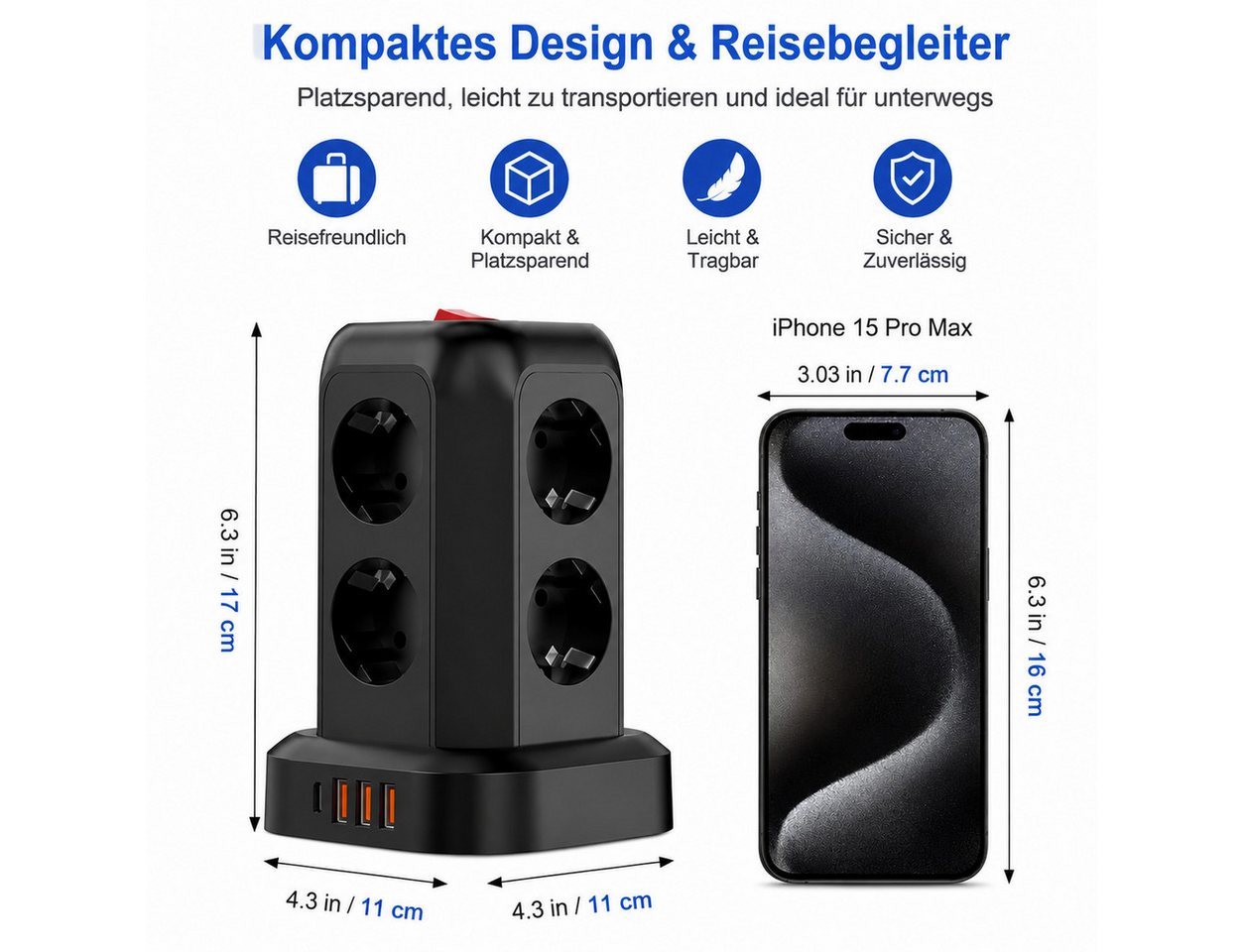 Fyrove 12-in-1 mit Schalter, 8-fach Steckdosenleiste mit 4 USB Anschlüssen Steckdosenleiste 8-fach (3×USB-A, 1×USB-C, 8× Steckdosen, 2500W, Überlastschutz, Überhitzungsschutz, Kabellänge 1,8 m), für Büro und Zuhause, (3 USB-A + USB-C) Bild 3