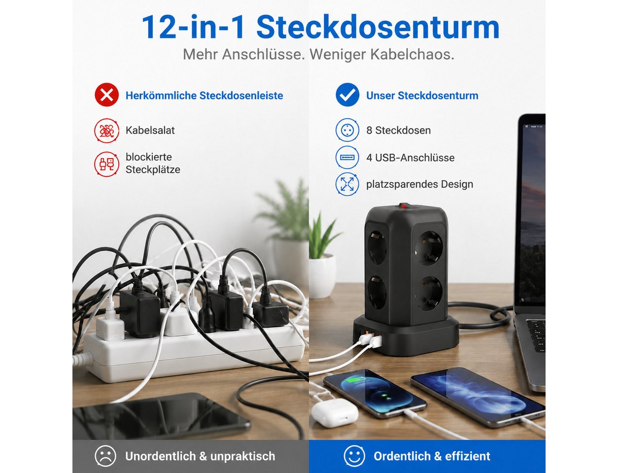 Fyrove 12-in-1 mit Schalter, 8-fach Steckdosenleiste mit 4 USB Anschlüssen Steckdosenleiste 8-fach (3×USB-A, 1×USB-C, 8× Steckdosen, 2500W, Überlastschutz, Überhitzungsschutz, Kabellänge 1,8 m), für Büro und Zuhause, (3 USB-A + USB-C) Bild 4