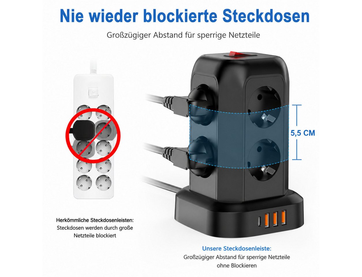Fyrove 12-in-1 mit Schalter, 8-fach Steckdosenleiste mit 4 USB Anschlüssen Steckdosenleiste 8-fach (3×USB-A, 1×USB-C, 8× Steckdosen, 2500W, Überlastschutz, Überhitzungsschutz, Kabellänge 1,8 m), für Büro und Zuhause, (3 USB-A + USB-C) Bild 5