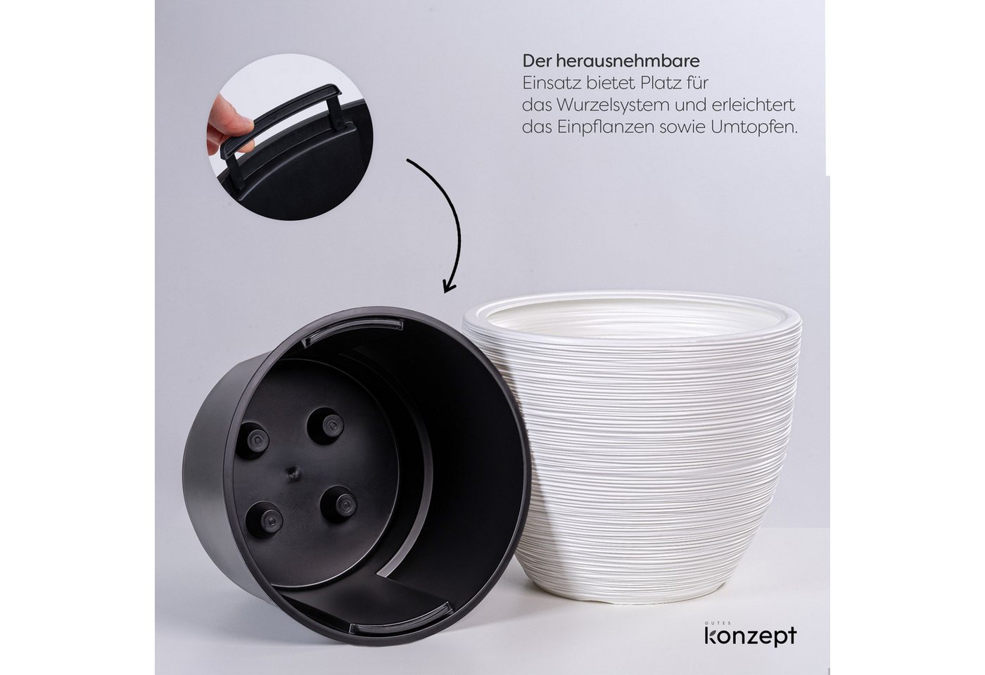 KONZEPT Blumentopf 39 cm Durchmesser aus Kunststoff mit Einsatz, Meißelstruktur, Drainage optional, Herausnehmbarer Pflanzeinsatz, Indoor, Outdoor Bild 2