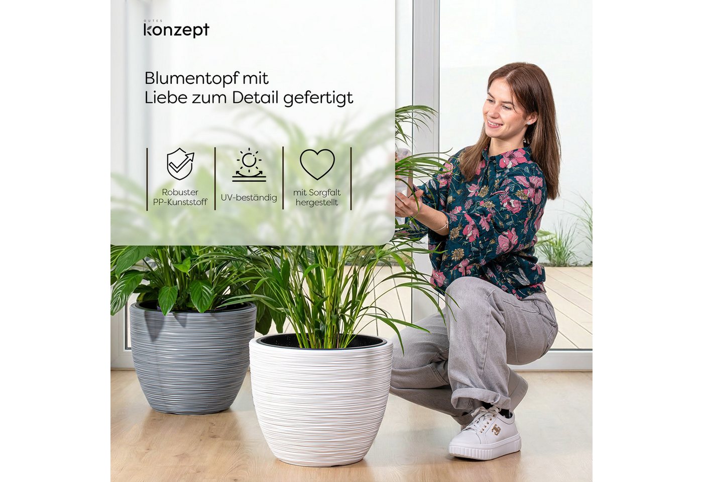 KONZEPT Blumentopf 39 cm Durchmesser aus Kunststoff mit Einsatz, Meißelstruktur, Drainage optional, Herausnehmbarer Pflanzeinsatz, Indoor, Outdoor Bild 3