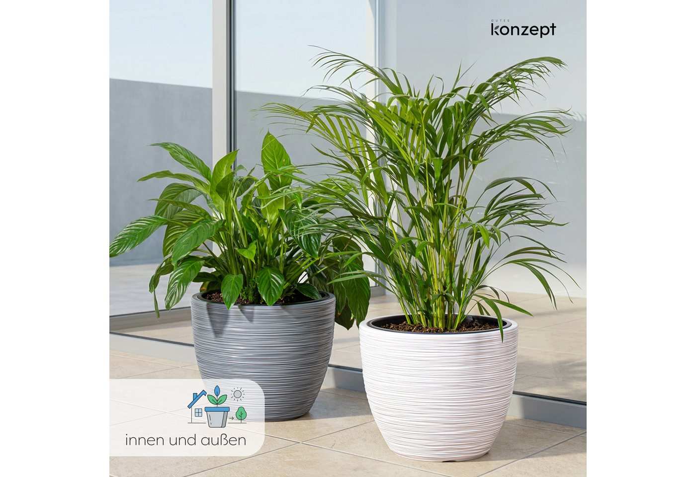 KONZEPT Blumentopf 39 cm Durchmesser aus Kunststoff mit Einsatz, Meißelstruktur, Drainage optional, Herausnehmbarer Pflanzeinsatz, Indoor, Outdoor Bild 4