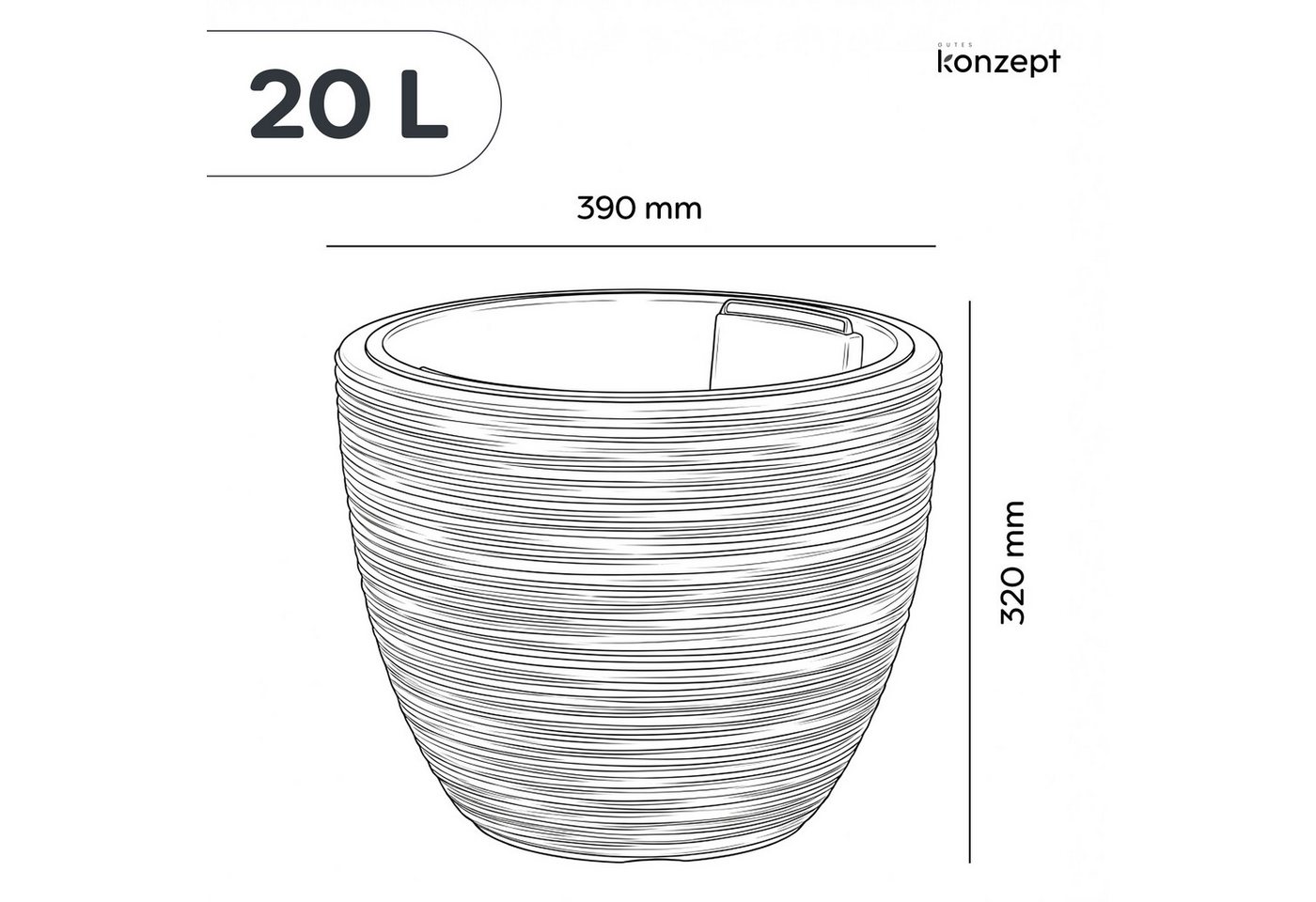 KONZEPT Blumentopf 39 cm Durchmesser aus Kunststoff mit Einsatz, Meißelstruktur, Drainage optional, Herausnehmbarer Pflanzeinsatz, Indoor, Outdoor Bild 5