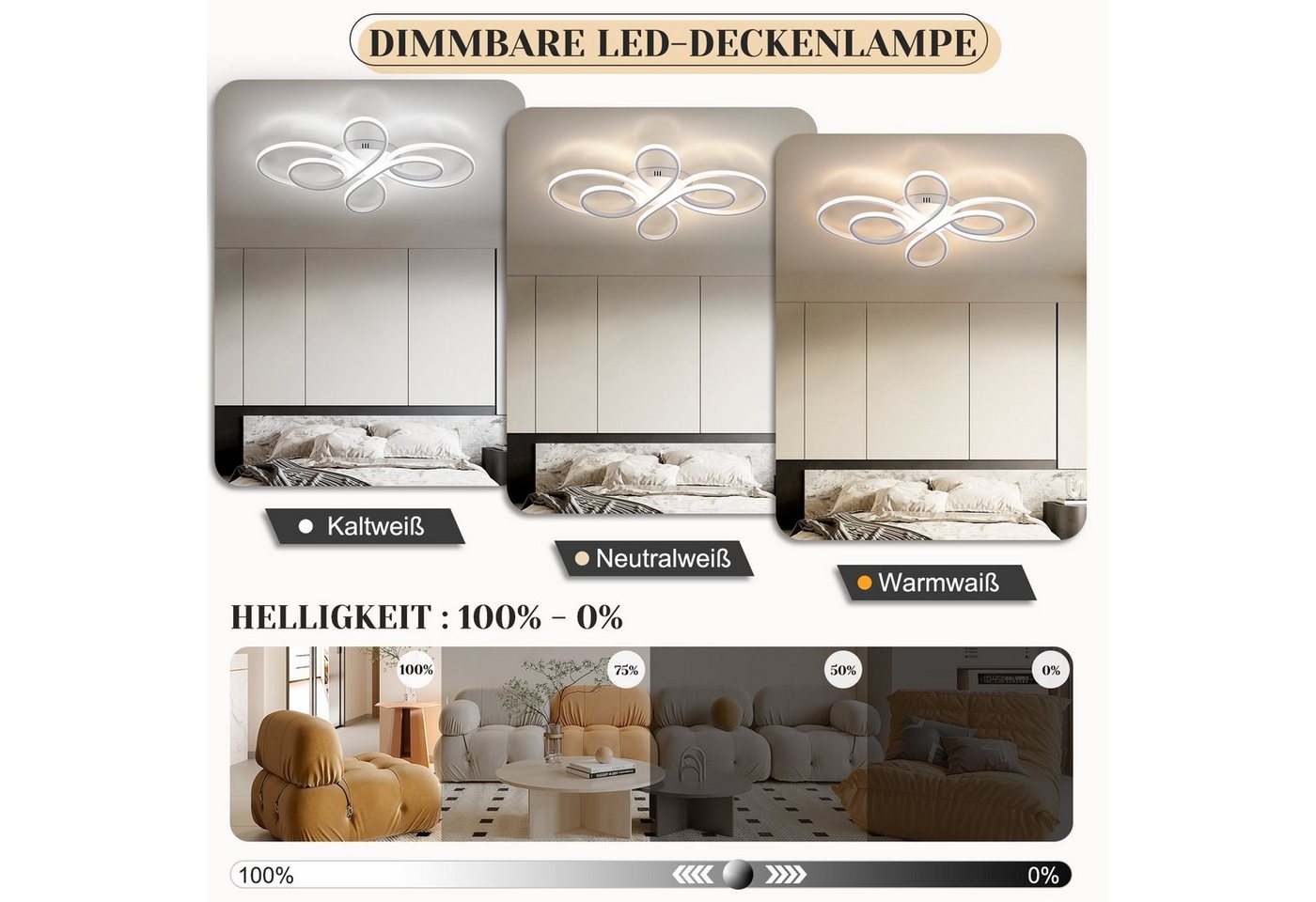 ZMH LED Deckenleuchte Wohnzimmer Modern Schmetterlingforming, dimmbar mit Fernbedienung, LED fest integriert, Warmweiß-Neutralweiß-Kaltweiß, Design Deckenbeleuchtung Groß für Esszimmer Büro Küche