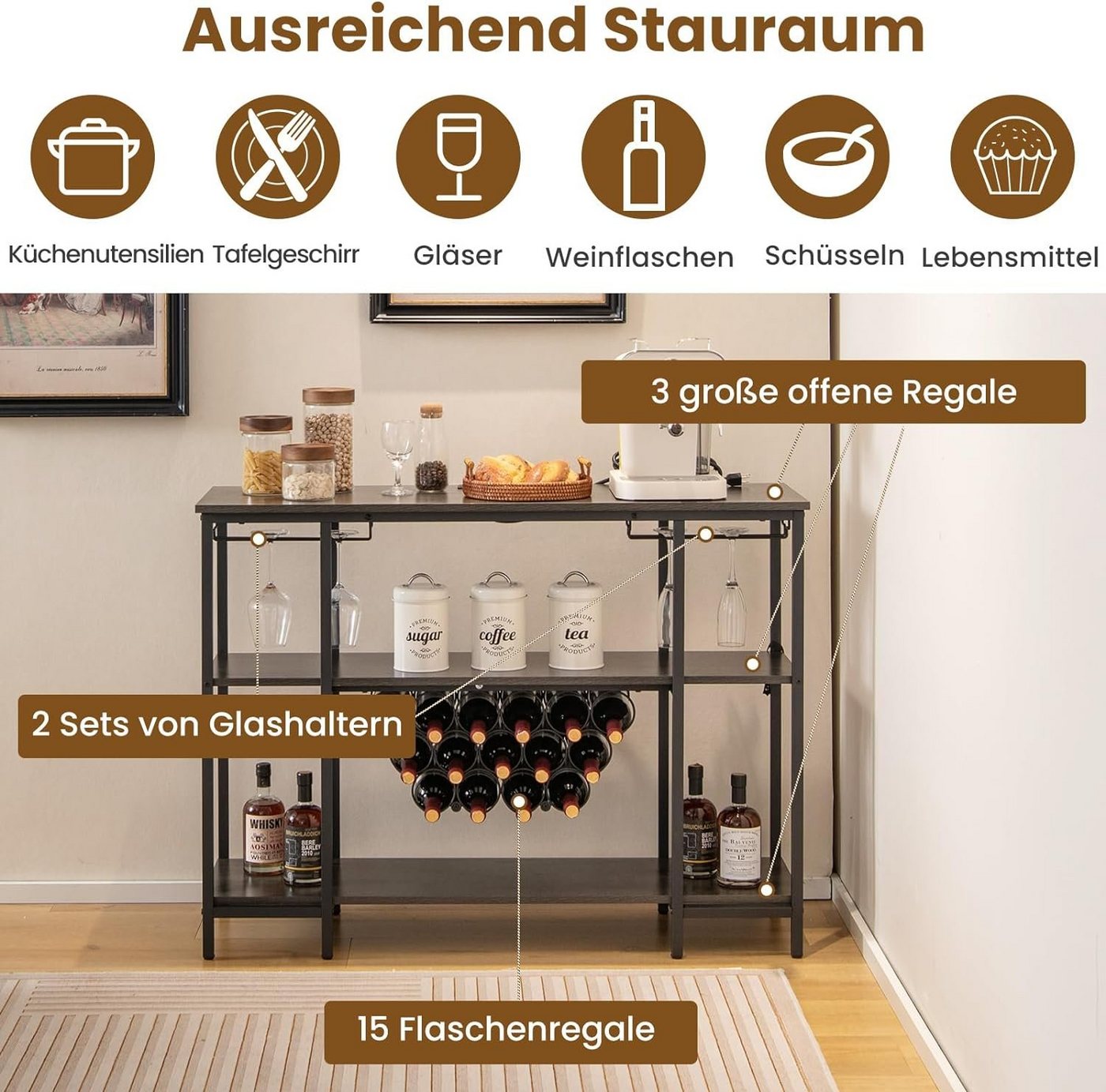 KOMFOTTEU Weinregal Flaschenregal, für 22 Flaschen, mit Steckdosen Bild 3