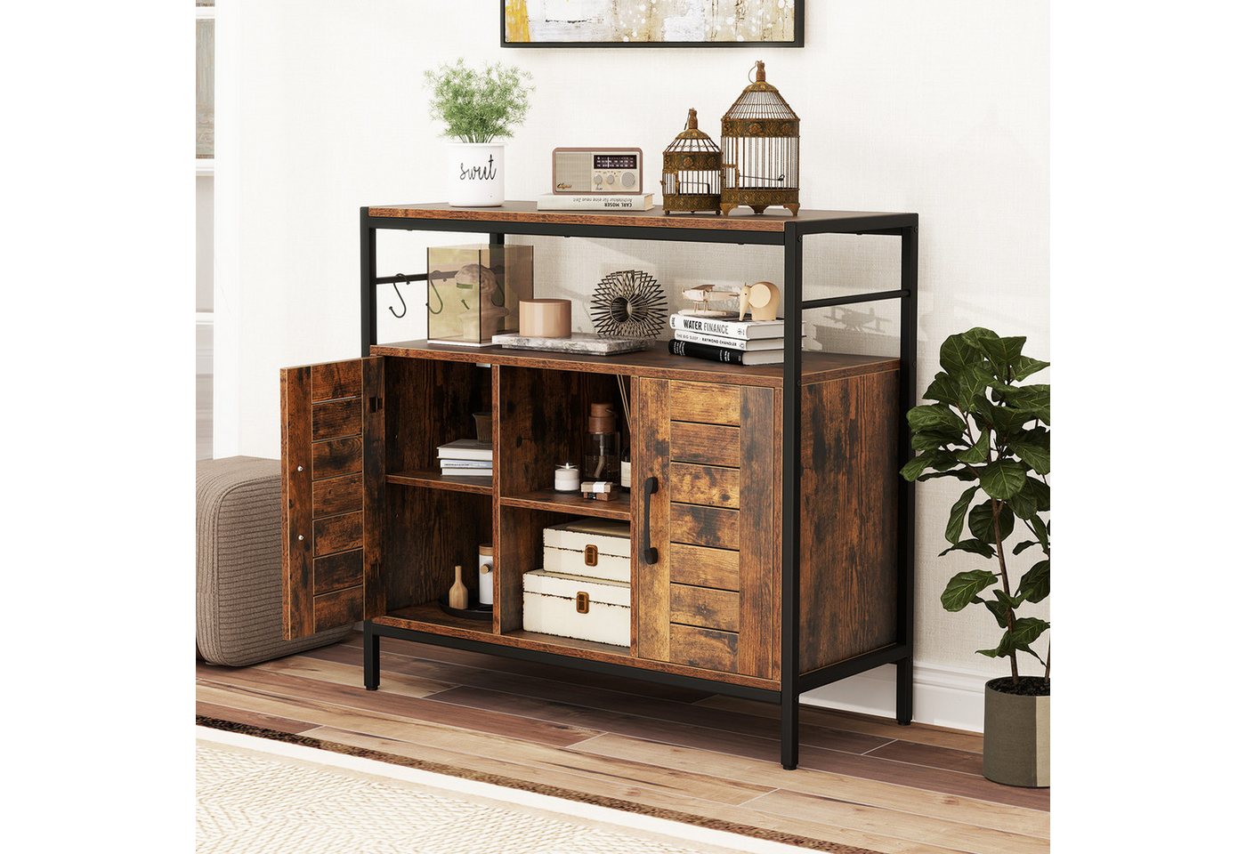 COSTWAY Küchenbuffet Sideboard Holz, mit verstellbarem Regal, Haken Bild 2
