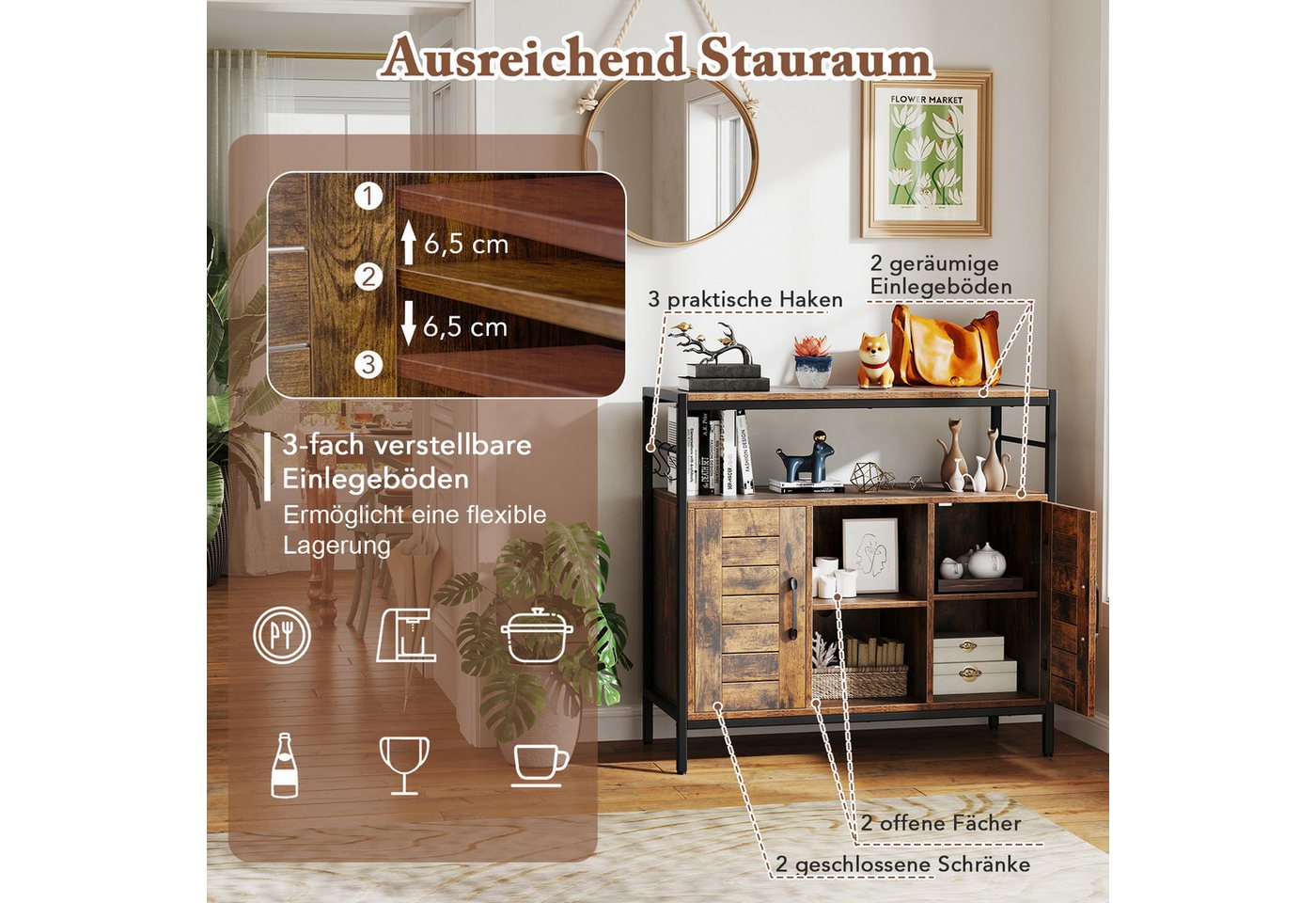 COSTWAY Küchenbuffet Sideboard Holz, mit verstellbarem Regal, Haken Bild 3