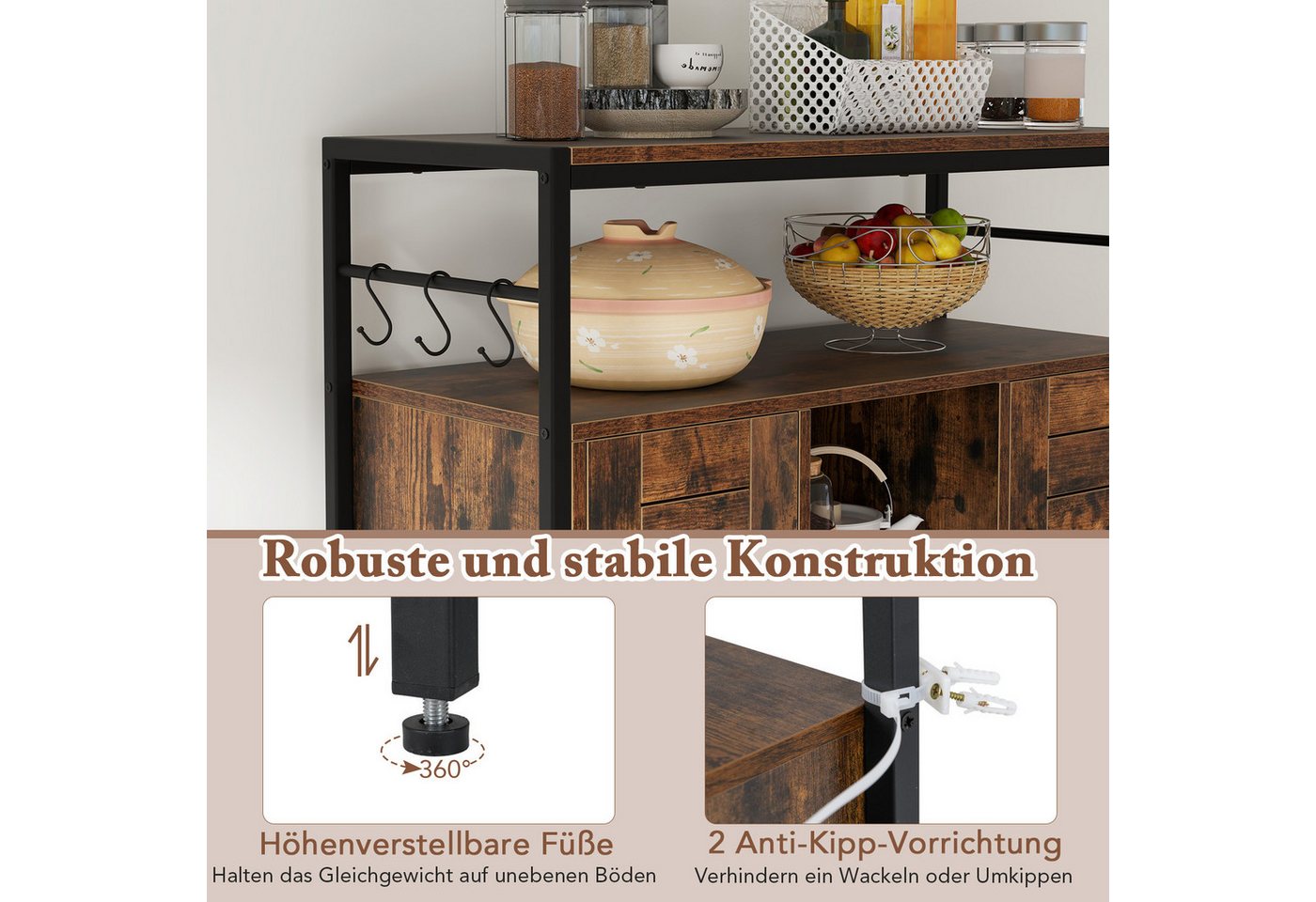 COSTWAY Küchenbuffet Sideboard Holz, mit verstellbarem Regal, Haken Bild 4