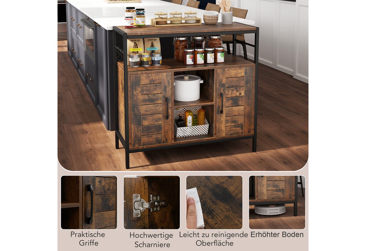 COSTWAY Küchenbuffet Sideboard Holz, mit verstellbarem Regal, Haken Bild 5