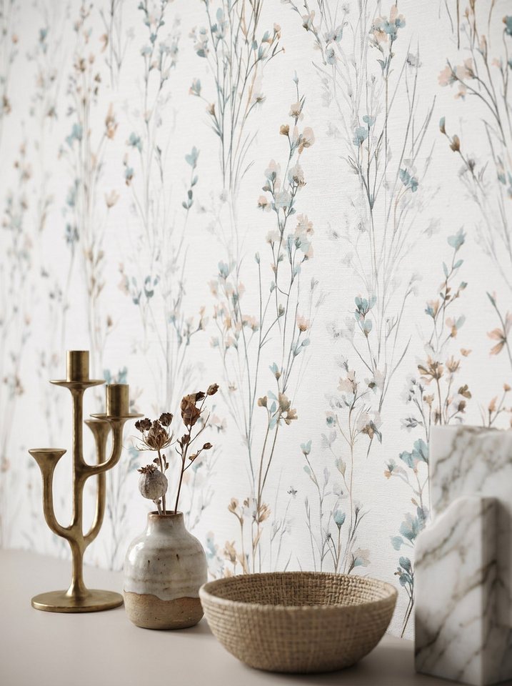 Newroom Vliestapete Lunara Hellgrün Tapete Vliestapete Blumen, strukturiert, Mustertapete Bild 4