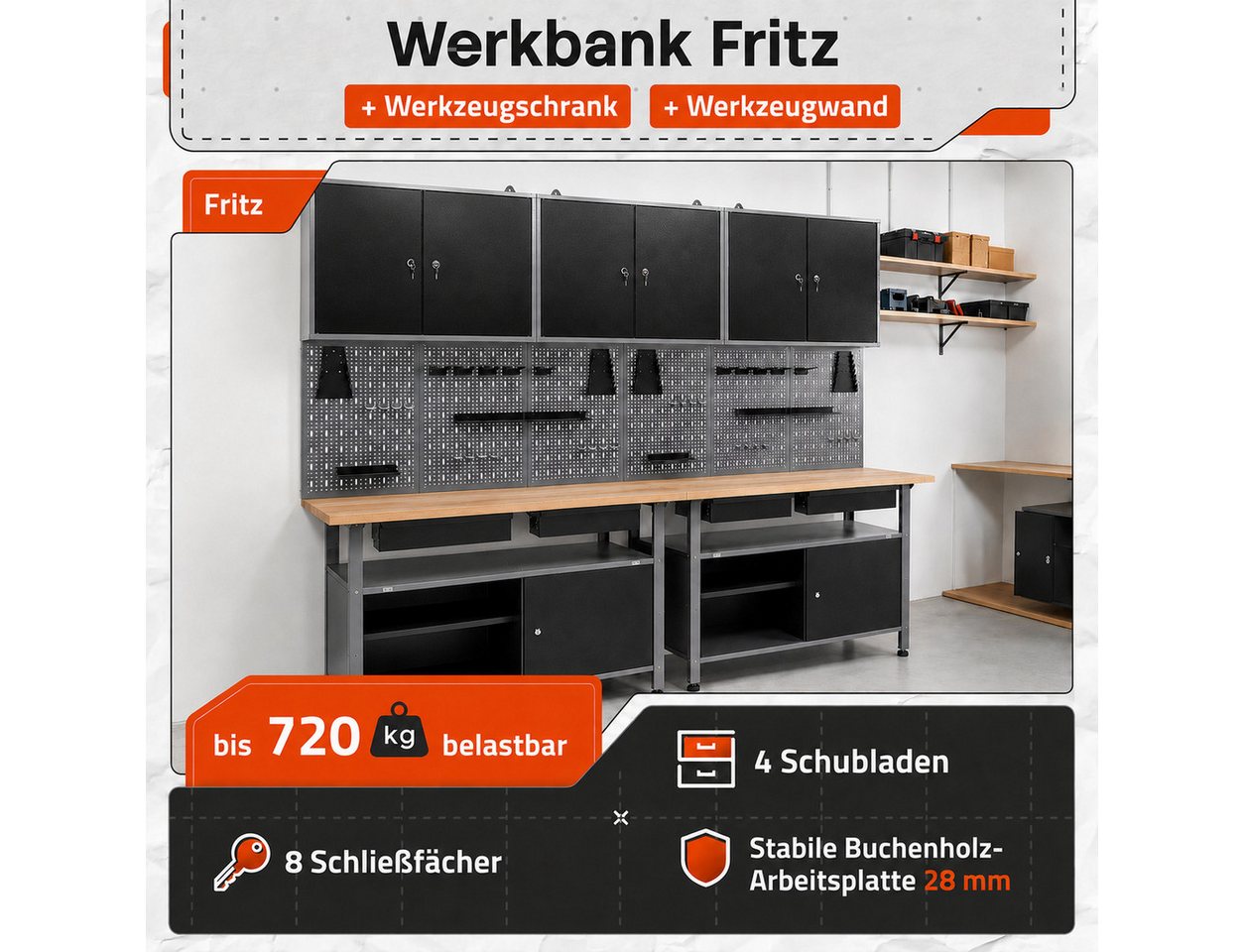 ONDIS24 Werkstatt-Set Ondis24 Werkstatt Set 240cm Werkbank Metall Werkzeugschrank Fritz Bild 3
