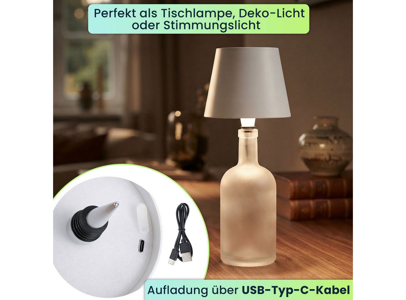 shop'n smile ideoon LED Tischleuchte Akku Flaschenlampe Weiß Dimmbar LED Tischleuchte Touch USB-C kabellos, LEDs, Akku-Flaschenlicht 3 Lichtfarben, dimmbar, Touch, Metallschirm