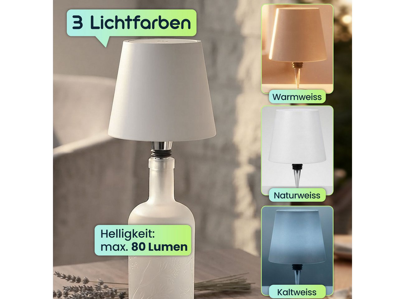 shop'n smile ideoon LED Tischleuchte Akku Flaschenlampe Weiß Dimmbar LED Tischleuchte Touch USB-C kabellos, LEDs, Akku-Flaschenlicht 3 Lichtfarben, dimmbar, Touch, Metallschirm Bild 2