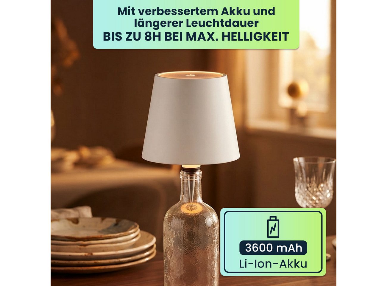 shop'n smile ideoon LED Tischleuchte Akku Flaschenlampe Weiß Dimmbar LED Tischleuchte Touch USB-C kabellos, LEDs, Akku-Flaschenlicht 3 Lichtfarben, dimmbar, Touch, Metallschirm Bild 3