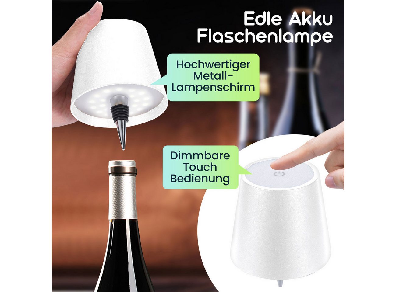 shop'n smile ideoon LED Tischleuchte Akku Flaschenlampe Weiß Dimmbar LED Tischleuchte Touch USB-C kabellos, LEDs, Akku-Flaschenlicht 3 Lichtfarben, dimmbar, Touch, Metallschirm Bild 4