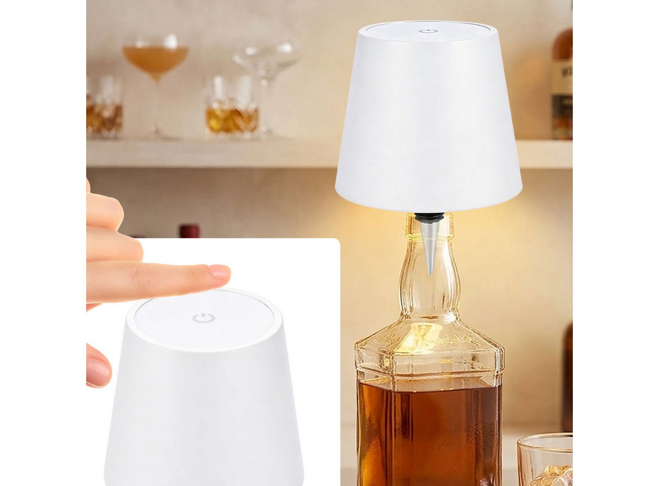shop'n smile ideoon LED Tischleuchte Akku Flaschenlampe Weiß Dimmbar LED Tischleuchte Touch USB-C kabellos, LEDs, Akku-Flaschenlicht 3 Lichtfarben, dimmbar, Touch, Metallschirm Bild 5