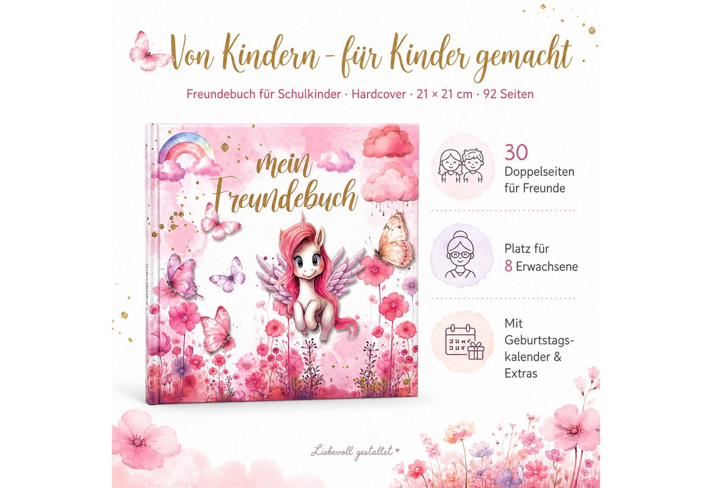 TOBJA Poesiealbum Freundebuch Grundschule Einhorn 21x21 cm - 30 Freunde, 8 Erwachsene, Einhorn-Motiv, 92 Seiten, 30 Doppelseiten, FSC®-Papier