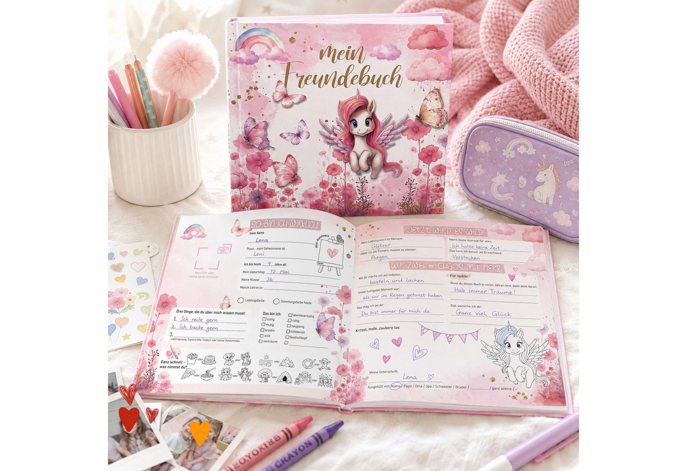 TOBJA Poesiealbum Freundebuch Grundschule Einhorn 21x21 cm - 30 Freunde, 8 Erwachsene, Einhorn-Motiv, 92 Seiten, 30 Doppelseiten, FSC®-Papier Bild 2