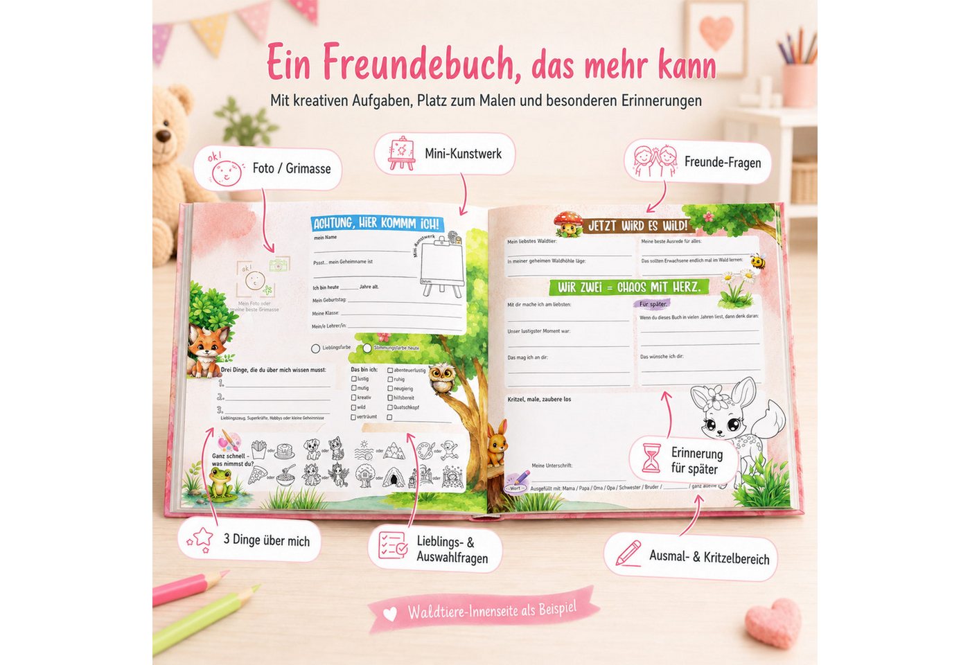 TOBJA Poesiealbum Freundebuch Grundschule Einhorn 21x21 cm - 30 Freunde, 8 Erwachsene, Einhorn-Motiv, 92 Seiten, 30 Doppelseiten, FSC®-Papier Bild 4