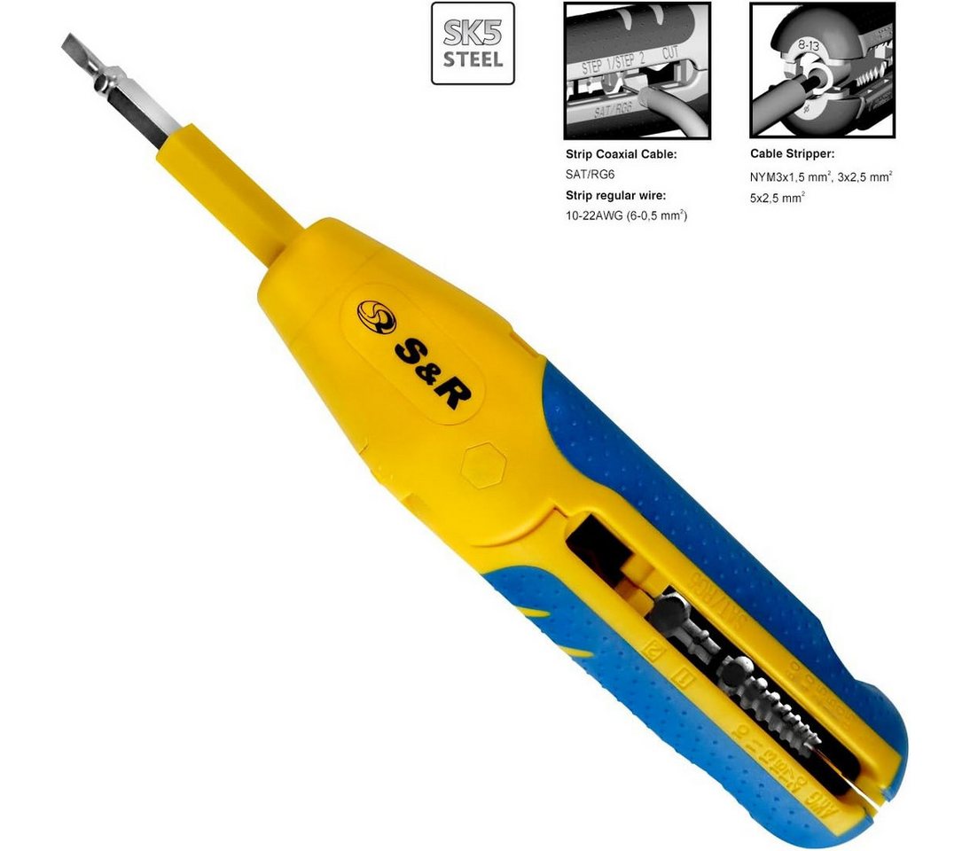 S&R Abisolierzange Abmantler - Abisolierwerkzeug mit Bithalter / Kabelschneider 3x1,5 mm, 1-tlg., Bithalter PZ2 & Schlitz 4.0mm, SAT/RG6 & RG59 Abisolierer