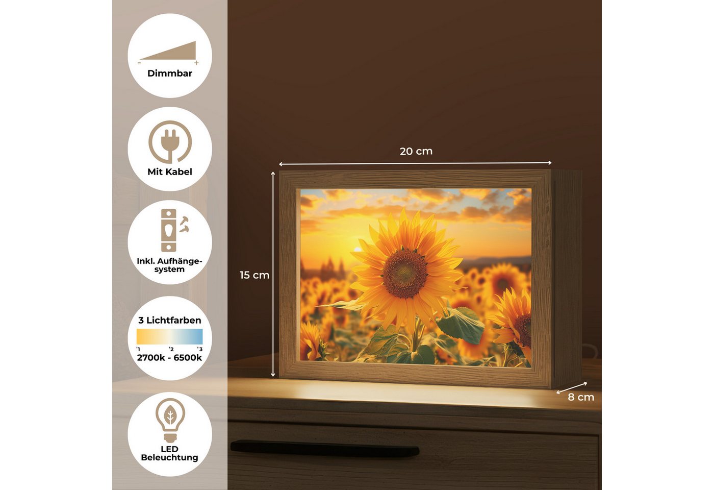 OnlyWow Tischleuchte Sonnenblume - Blumen - Gelb - Blumenfeld mit Sonnenblumen, Dimmbar, Farbwechsel, LED, Warmweiß, Kaltweiß, Neutralweiß Einstellbar, Tischlampe, Schreibtischlampe, Desk, Dimmbar, mit Kabel, LED Bild 5