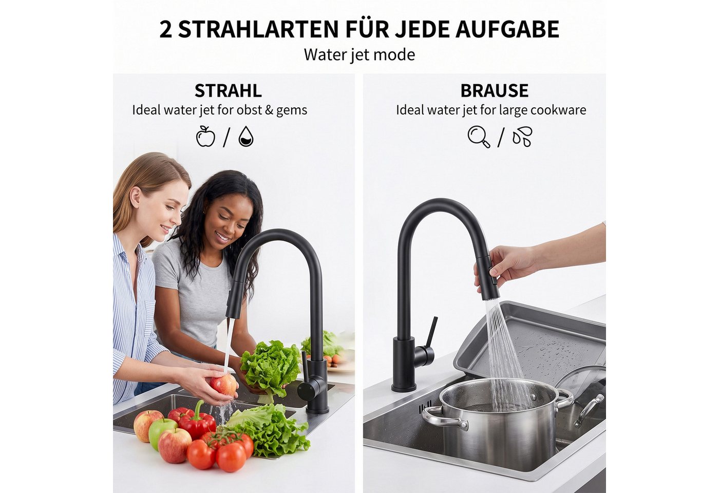 AKKEE Küchenarmatur Spültischarmatur Hochdruck Armatur Küchen 360° Schwenkbar Edelstahl Einhebel Mischbatterie Küche mit Brause Ausziehbar mit 2 Strahlarten