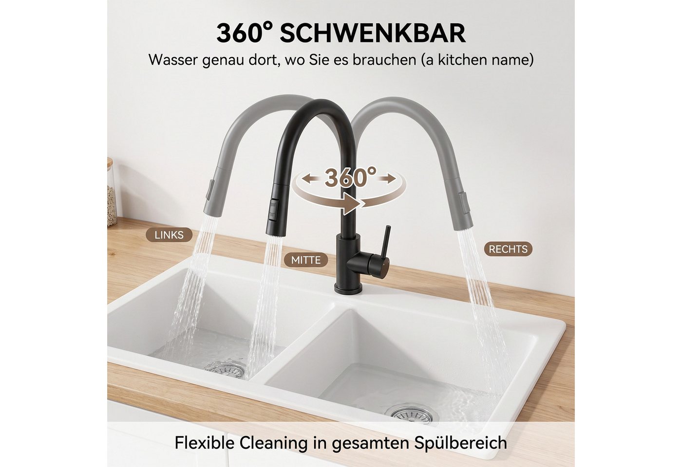 AKKEE Küchenarmatur Spültischarmatur Hochdruck Armatur Küchen 360° Schwenkbar Edelstahl Einhebel Mischbatterie Küche mit Brause Ausziehbar mit 2 Strahlarten Bild 2
