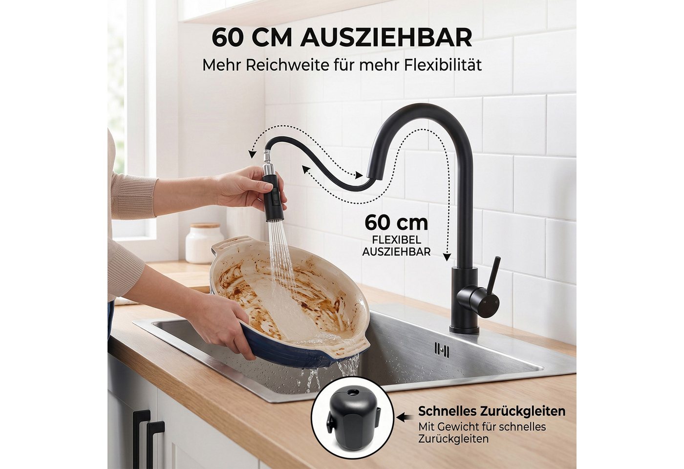 AKKEE Küchenarmatur Spültischarmatur Hochdruck Armatur Küchen 360° Schwenkbar Edelstahl Einhebel Mischbatterie Küche mit Brause Ausziehbar mit 2 Strahlarten Bild 3