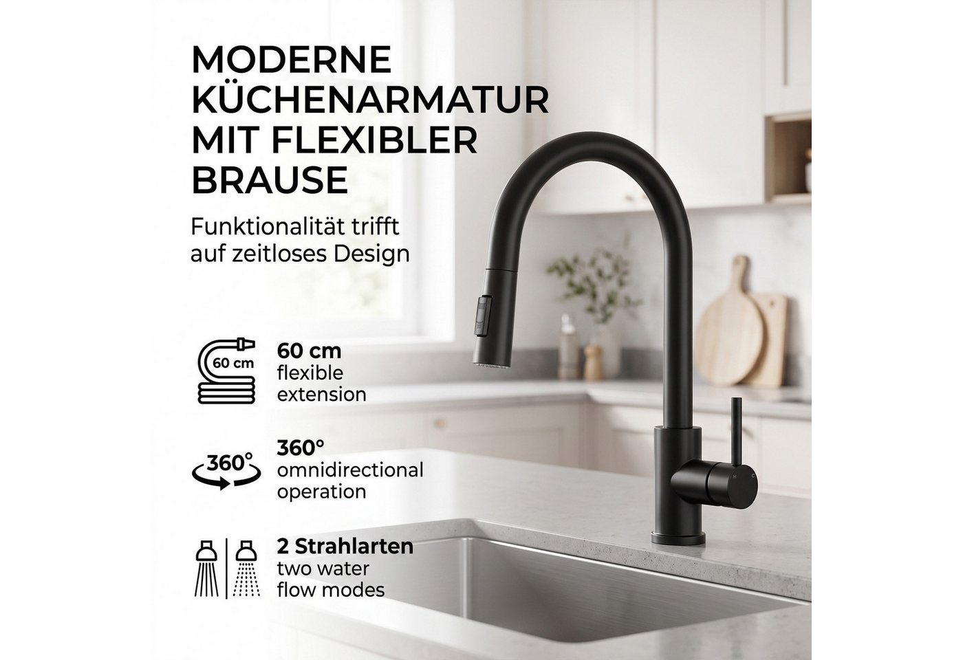 AKKEE Küchenarmatur Spültischarmatur Hochdruck Armatur Küchen 360° Schwenkbar Edelstahl Einhebel Mischbatterie Küche mit Brause Ausziehbar mit 2 Strahlarten Bild 5