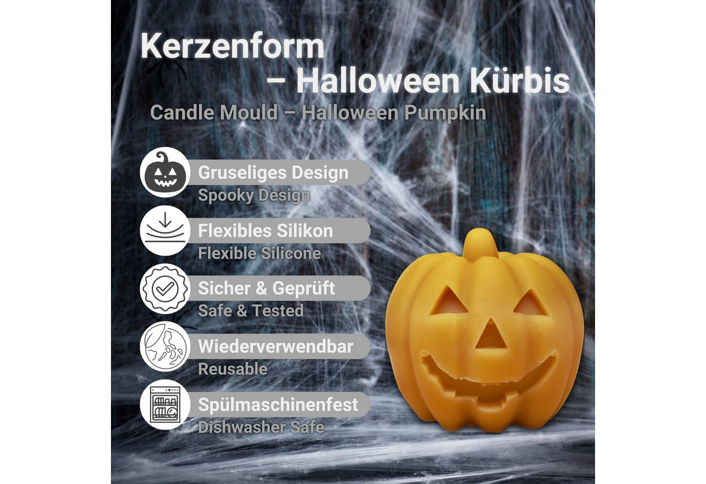 DistrEbution Silikonform Halloween Kürbis, Kerzenform, Gießform, Kerzengießform für Kerzen, gruselige Dekoidee für Herbst & Halloween Bild 5