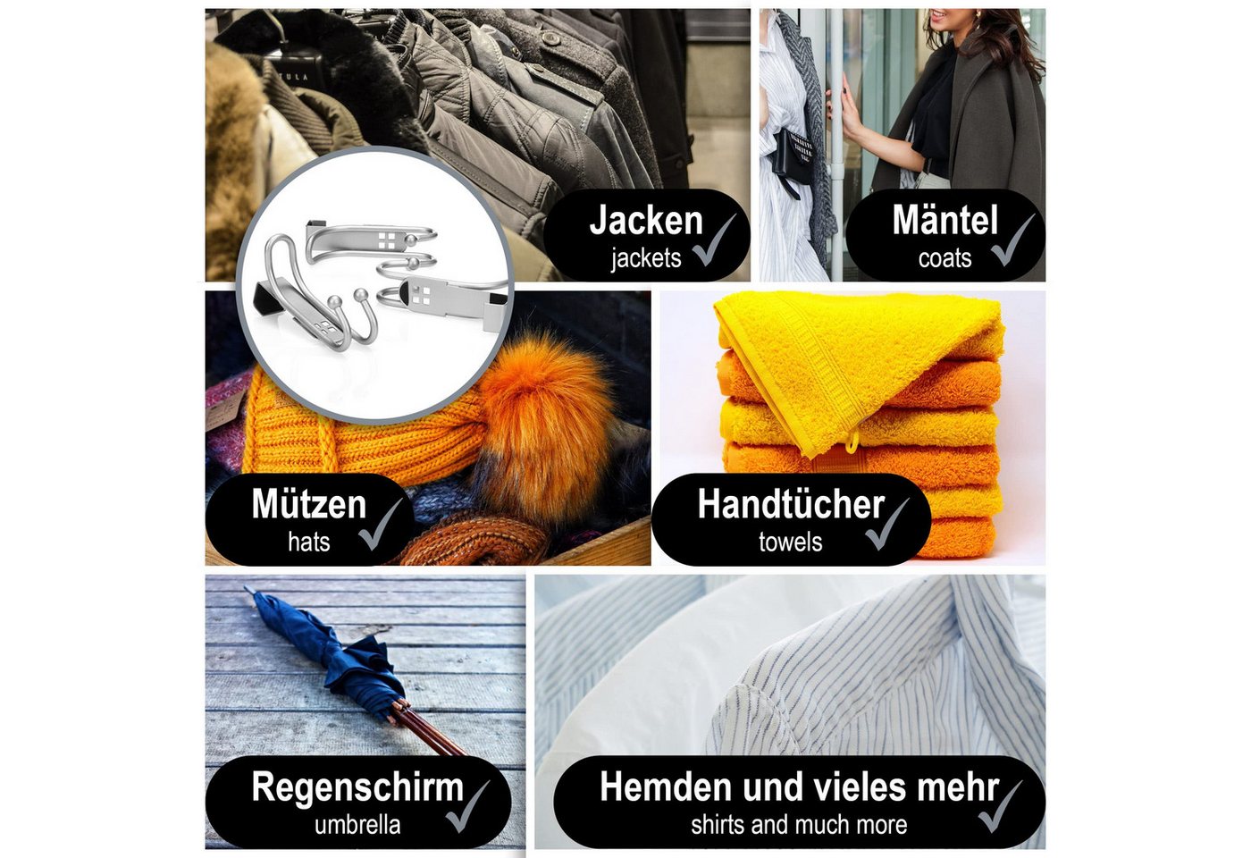 com-four Türhaken Türhaken - Doppel-Kleiderhaken mit Schaumstoff-Schutz für Zimmer, (4-St), Garderobenhaken zum Einhängen ohne Bohren