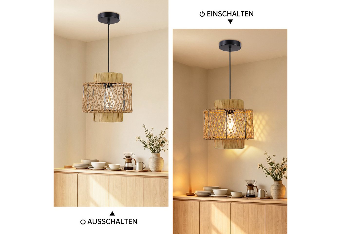 JDONG Pendelleuchte Boho Style Hängelampe 26CM Papierflechten Lampenschirm E27, ohne Leuchtmittel, Esstisch Vintage Hängeleuchte,Braun Deckenlampe, hängend,Vintage,Dekorative Möbel,Für,Wohnzimmer,Esszimmer,Flur,Küche
