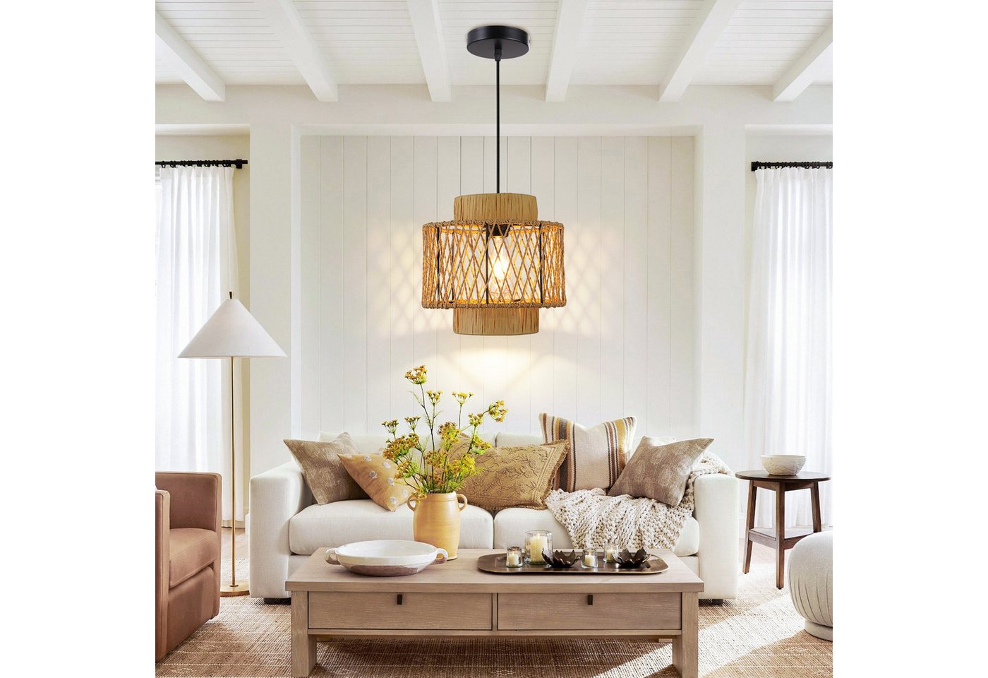 JDONG Pendelleuchte Boho Style Hängelampe 26CM Papierflechten Lampenschirm E27, ohne Leuchtmittel, Esstisch Vintage Hängeleuchte,Braun Deckenlampe, hängend,Vintage,Dekorative Möbel,Für,Wohnzimmer,Esszimmer,Flur,Küche Bild 2