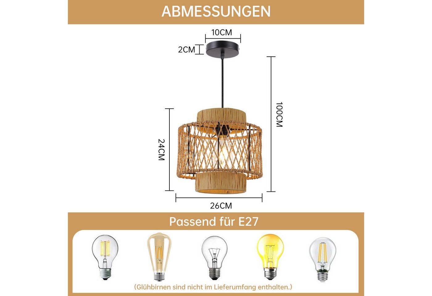 JDONG Pendelleuchte Boho Style Hängelampe 26CM Papierflechten Lampenschirm E27, ohne Leuchtmittel, Esstisch Vintage Hängeleuchte,Braun Deckenlampe, hängend,Vintage,Dekorative Möbel,Für,Wohnzimmer,Esszimmer,Flur,Küche Bild 3