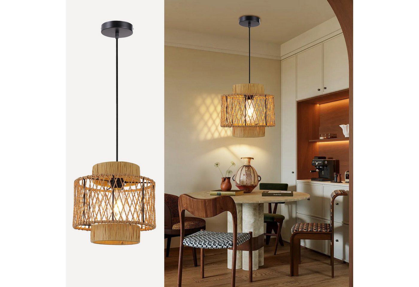 JDONG Pendelleuchte Boho Style Hängelampe 26CM Papierflechten Lampenschirm E27, ohne Leuchtmittel, Esstisch Vintage Hängeleuchte,Braun Deckenlampe, hängend,Vintage,Dekorative Möbel,Für,Wohnzimmer,Esszimmer,Flur,Küche Bild 4