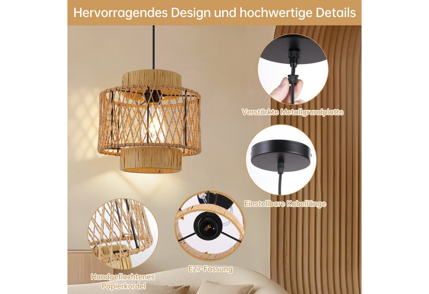 JDONG Pendelleuchte Boho Style Hängelampe 26CM Papierflechten Lampenschirm E27, ohne Leuchtmittel, Esstisch Vintage Hängeleuchte,Braun Deckenlampe, hängend,Vintage,Dekorative Möbel,Für,Wohnzimmer,Esszimmer,Flur,Küche Bild 5